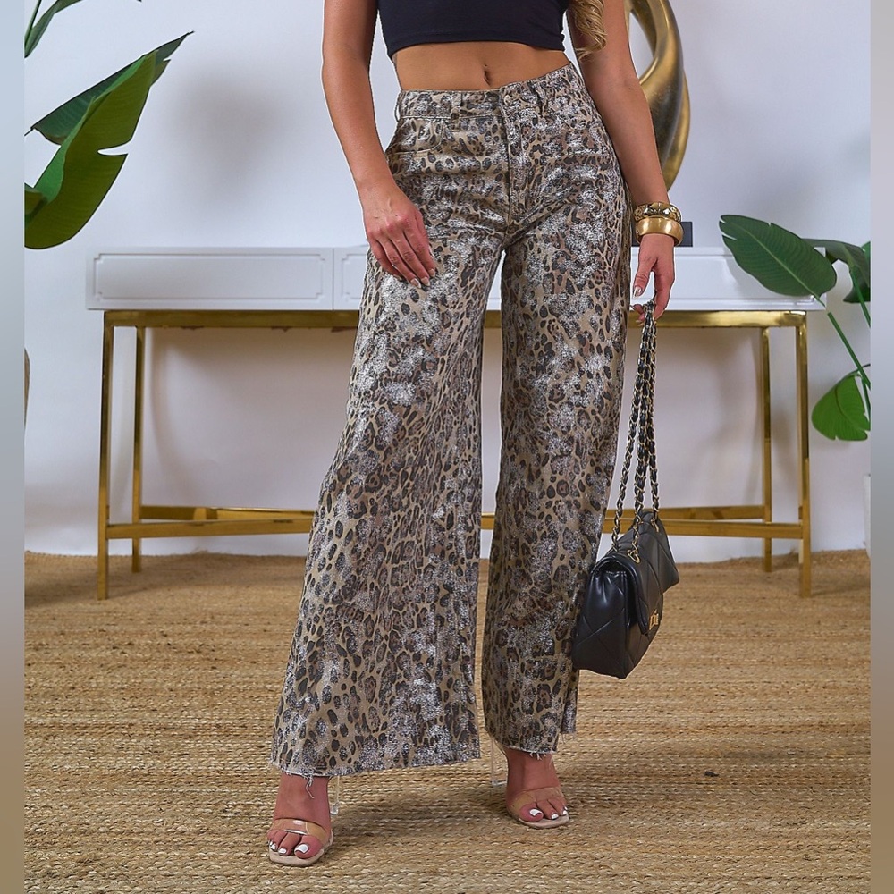 ITOO Mocha Leopard Print Wide Leg Pants, Small, 100% Cotton, Back Pockets